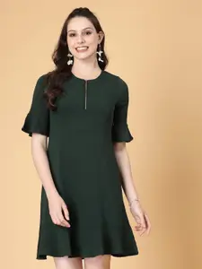 RAASSIO Short Sleeves Round Neck Crepe A-Line Dress