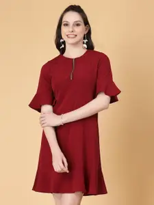 RAASSIO Round Neck Bell Sleeve Crepe A-Line Dress