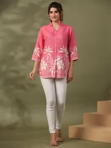 JISORA Floral Printed Shirt Collar Three-Quarter Sleeves Pure Silk Top