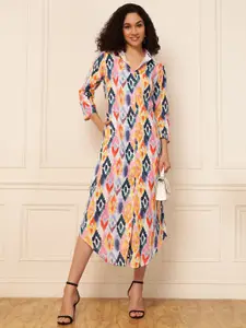 DEEBACO Geometric Printed Linen Shirt Collar Curved A-Line Dress