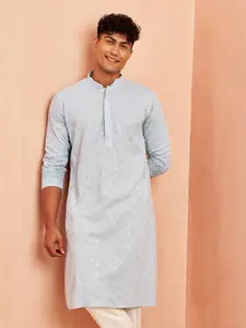 VASTRAMAY Embroidered Sequinned Long Sleeves Mandarin Collar Pastels Kurta