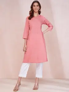 Fabindia Striped Woven Design Keyhole Neck Cotton Straight Kurta