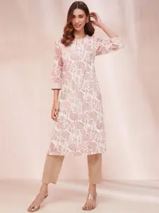 Fabindia Ethnic Motifs Printed Round Neck Three-Quarter Sleeves Cotton Kurta