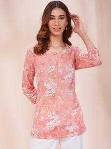 Fabindia Floral Printed Keyhole Neck Cotton Straight Short Kurta