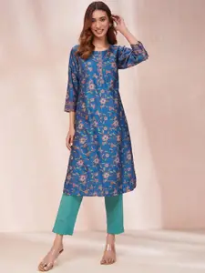 Fabindia Floral Printed Round Neck Cotton Silk Straight Kurta