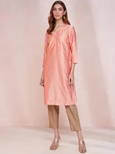 Fabindia Ethnic Motifs Printed V-Neck Three-Quarter Sleeves Cotton Silk Kurta