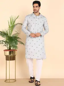 Anouk Floral Printed Thread Work Mandarin Collar Angrakha Straight Kurta