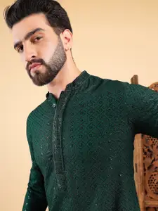 Ethnic Bay Geometric Embroidered Mandarin Collar Sequins Straight Kurta