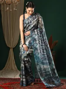 Anouk Charcoal Floral Printed Organza Saree