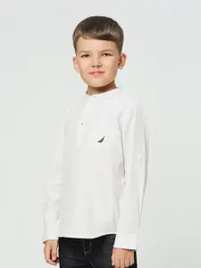 Nautica Boys Premium Pinstripes Mandarin Collar Cotton Striped Casual Shirt