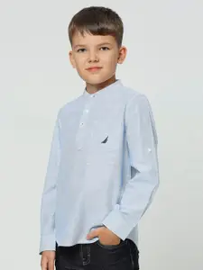 Nautica Boys Premium Mandarin Collar Curved Cotton Casual Shirt
