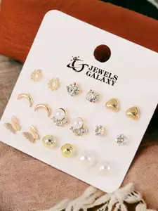 Jewels Galaxy Set of 9 Gold Plated Crystals Studs Earrings