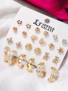 Jewels Galaxy Set of 12 Gold Plated Crystals Studs Earrings