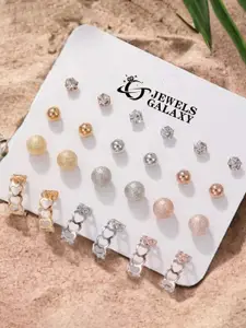Jewels Galaxy Set Of 12 Gold-Plated Crystals Studded  Studs Earrings