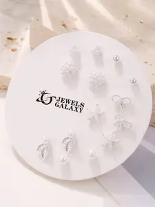Jewels Galaxy Set of 7 Silver Plated Crystals Studs Earrings