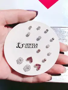 Jewels Galaxy Set Of 7 Silver-Plated Crystals Studded Studs Earrings