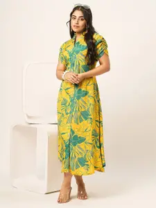 ODETTE Floral Printed Shirt Collar Cotton A-Line Midi Dress