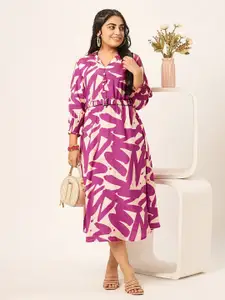 ODETTE Abstract Printed Shirt Collar Fit & Flare Midi Dress