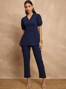 all about you Blue Self Design V- Neck Top & Trousers