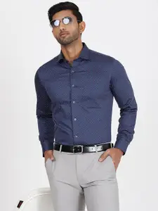 METAL Micro Ditsy Printed Spread Collar Curved Cotton Slim Fit Formal Shirt