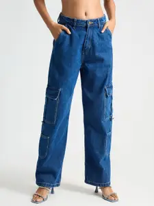 FREAKINS Blue Women Straight Fit High-Rise Utility Pocket Pure Cotton Cargo Jeans