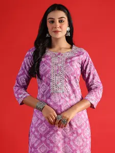 Indo Era Bandhani Printed Round Neck Long Sleeves Straight Cotton Kurta