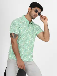 Greenfibre Floral Printed Polo Collar Short Sleeves Cotton Slim Fit T-shirt