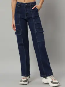 Chemistry Women Straight Fit High-Rise Dark Shade Clean Look Cotton Denim Cargo Jeans