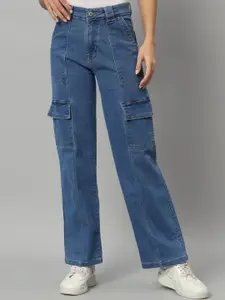 Chemistry Women Straight Fit High-Rise Dark Shade Clean Look Cotton Denim Cargo Jeans