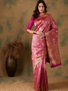 Ishin Pink Ethnic Motifs Woven Design Zari Banarasi Saree