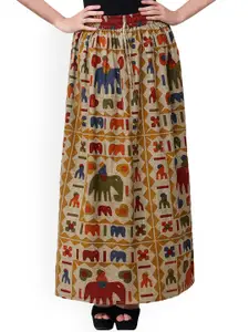 Exotic India Italian-Straw Stone-Washed Elephant Printed Pure Cotton Flared Maxi Skirt