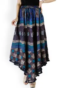 Exotic India Printed Pure Cotton Fish-Cut Skirt With Tassels On Border