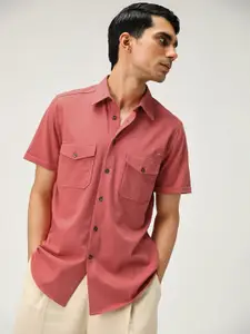 Andamen Premium Spread Collar Short Sleeves Chest Pocket Cotton Shirt