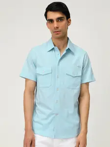 Andamen Premium Spread Collar Short Sleeves Chest Pocket Cotton Shirt