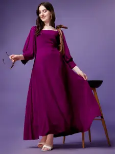 Femvy Slit Square Neck Long Puff Sleeves Georgette Maxi Dress