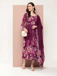 Ironic Creation Floral Print Georgette A-Line Midi Dress With Dupatta