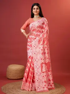 DIVASTRI Woven Design Floral Zari Pure Cotton Banarasi Saree