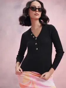 DressBerry Button Detail Ribbed Acrylic Pullover