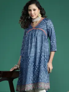 Sangria Bandhani Printed V-Neck Sequinned Empire A-Line Kurta