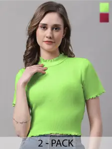 FBAR Pack Of 2 Ribbed High Neck Bio Wash Cotton Fitted Crop Tops