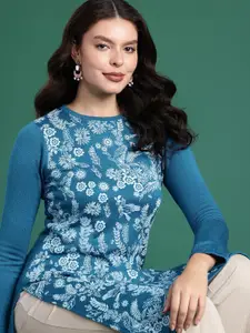 Sangria Acrylic Floral Printed Knitted Kurta