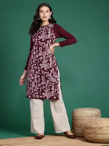 Sangria Acrylic Floral Printed Knitted Kurta