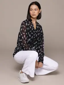 The Roadster Lifestyle Co. Mandarin Collar Sheer Smocking Sleeves Top