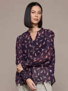 The Roadster Lifestyle Co. Mandarin Collar Sheer Smocking Sleeves Top