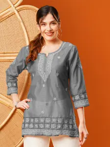ADA Ethnic Motifs Embroidered Thread Work Chanderi Straight Kurti