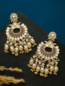 ATIBELLE Gold-Plated Kundan-Studded & Beaded Contemporary Chandbalis