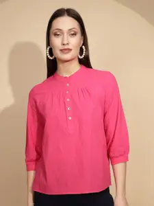 Global Republic Mandarin Collar Cuffed Sleeves Cotton Shirt Style Top