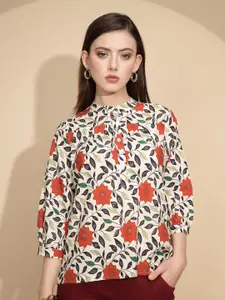 Global Republic Floral Print Mandarin Collar Puff Sleeve Cotton Top