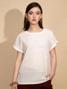 Global Republic Ethnic Motifs Embroidered Extended Sleeves Cotton Schiffli Top