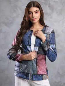 TANDUL Geometric Printed Indigo Button Shrug